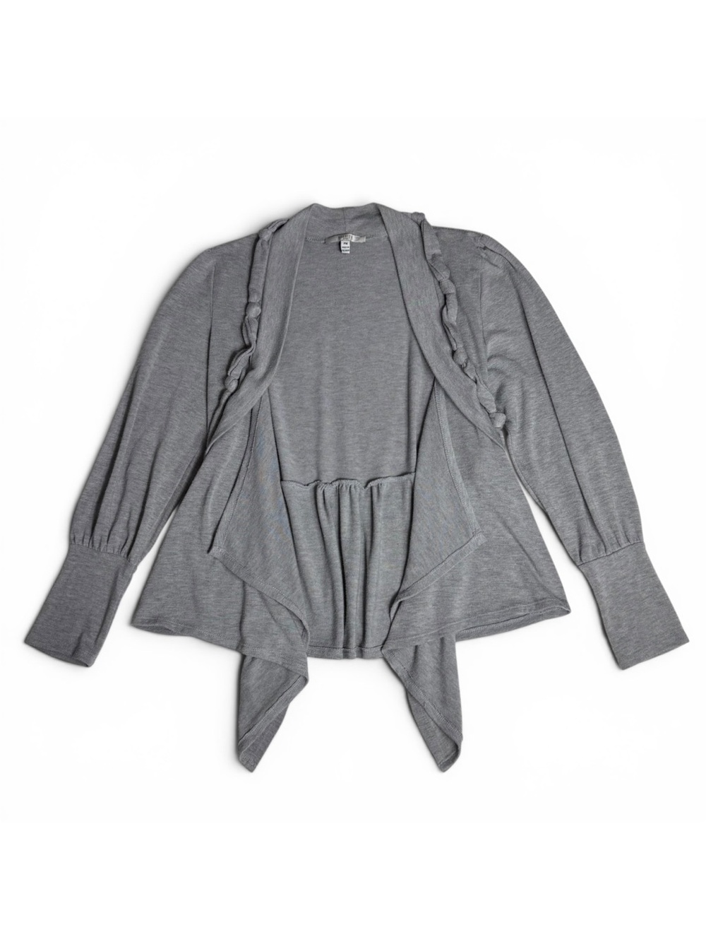 Nouvida Gray Draped Open Front Cardigan Sweater with Fabric Twists (Women’s PM)